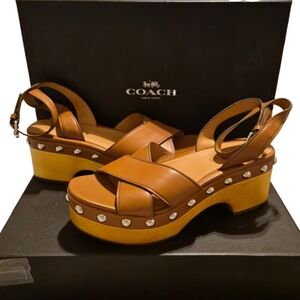 Coach Astor Semi Matte Calf Studded Sandals Saddle 7M